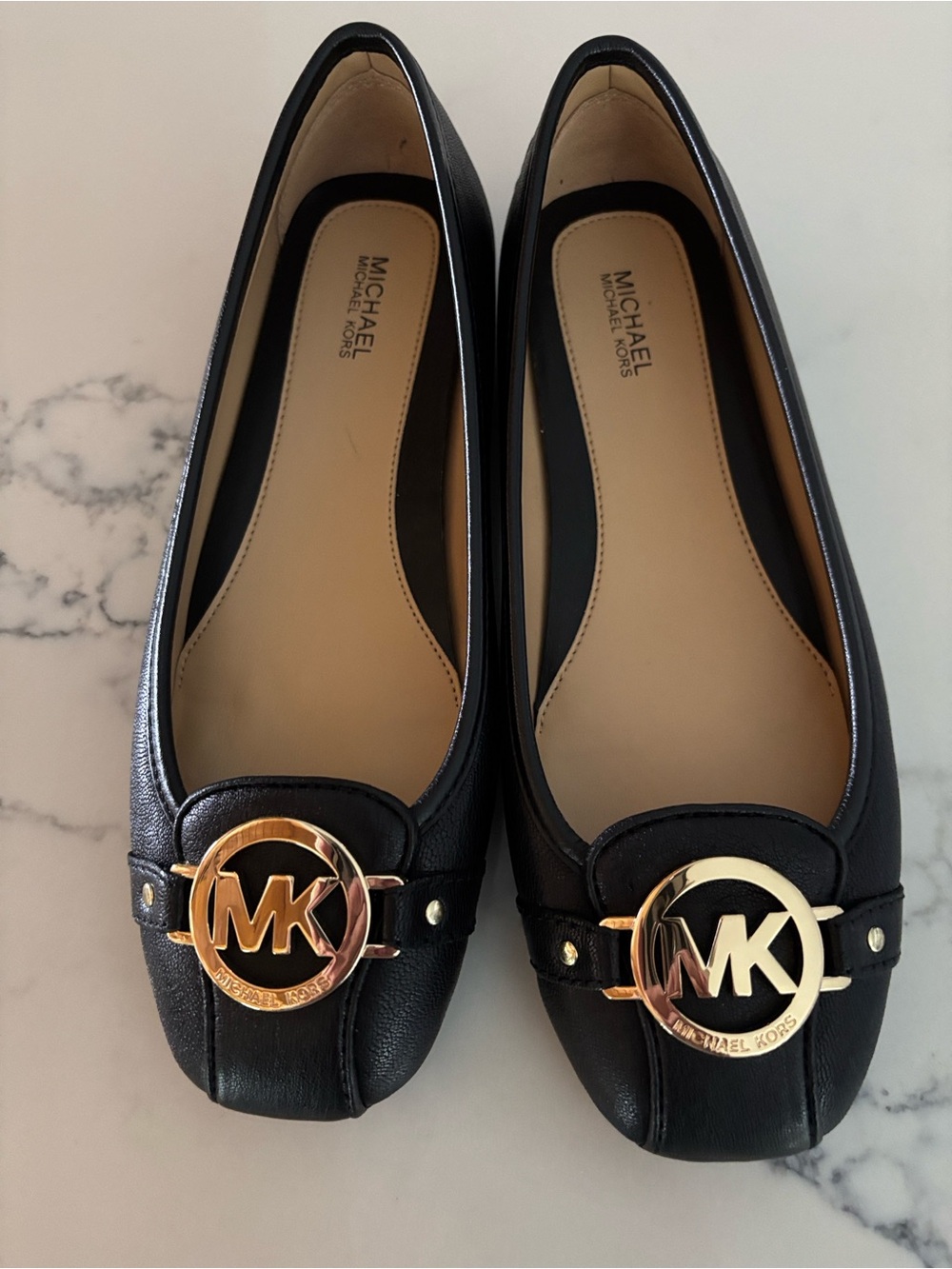 MICHAEL Michael Kors Black Leather Logo Loafers with Gold Hardware